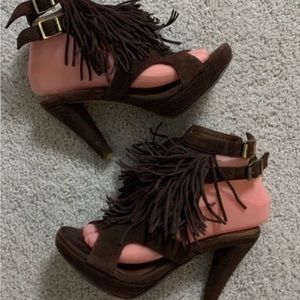 Aldo Brown Suede Fringe Detail Romjue Heels